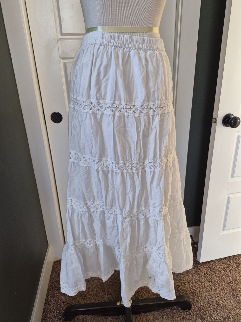 Kim Rogers White Tiered Maxi Skirt with Crochet Trim